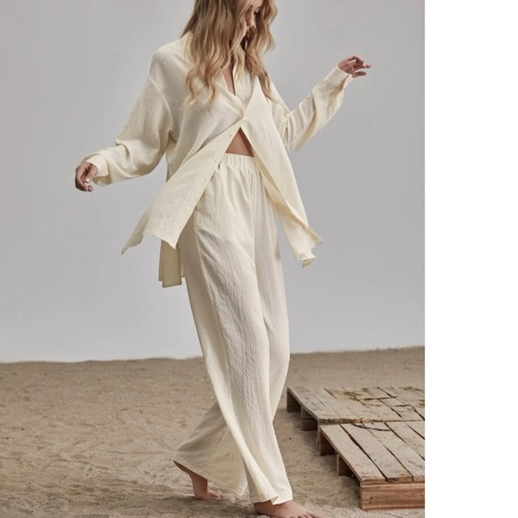 Shirt Pants 2 PC SET wide leg loose button collar spring summer womens cream - Picture 12 of 13